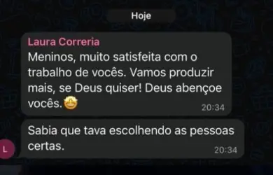 Mensagem de cliente satisfeita com a produção realizada pela Evolux.